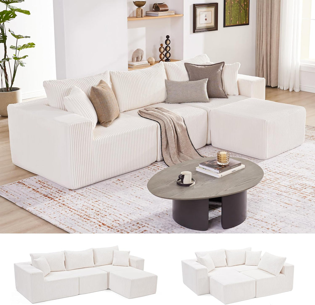 Weture 107.4' Cloud Couch Sectional, Modular Sofa with Deep Seat, Plush Corduroy L Shaped Boneless Couch, Convertible Sectional Couches for Living Room, 4Seat, Beige