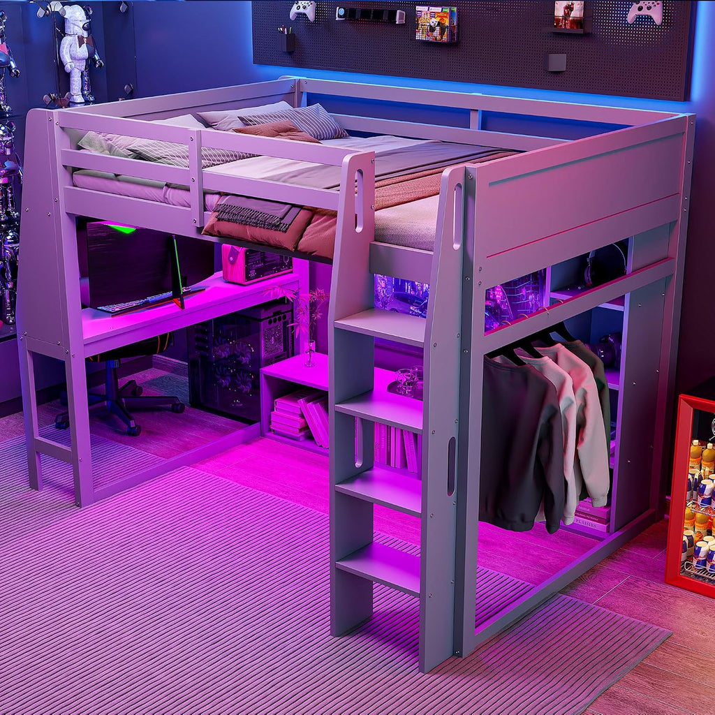 VilroCaz Modern Full Size Gaming Loft Bed with Desk and Multi-Storage Shelves, Wood Loft Bed Frame with Workstation and a Hanging Clothes Rack, Maximize Space Saving (Full)