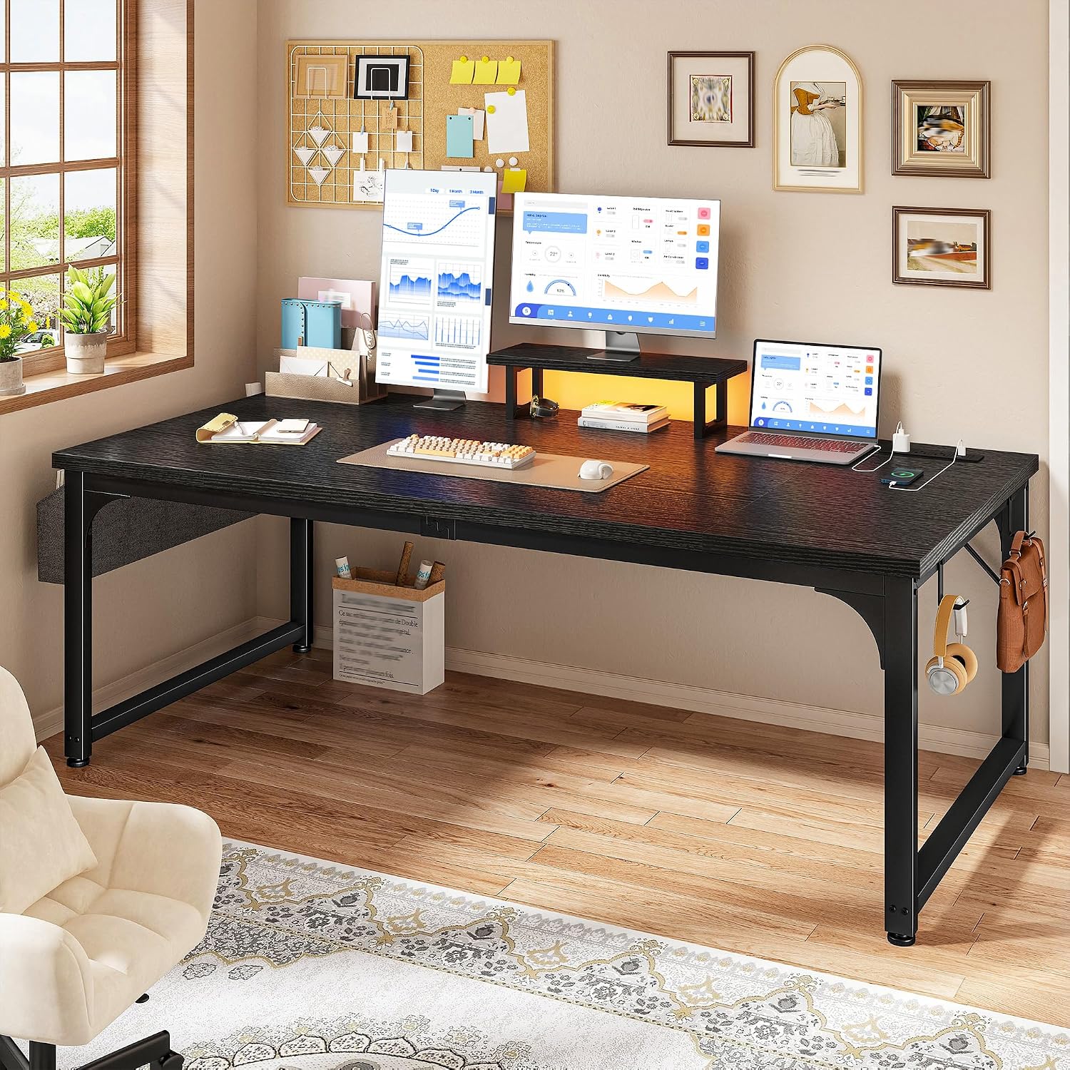 DurayLoly 63 Inch Gaming Desk with 0.95 Inch Thicker Desktop, Computer Desk with Power Outlets & Monitor Stand & LED Light & Storage Bag, Office Writing Desk for Home Office, Study, Bedroom, Black