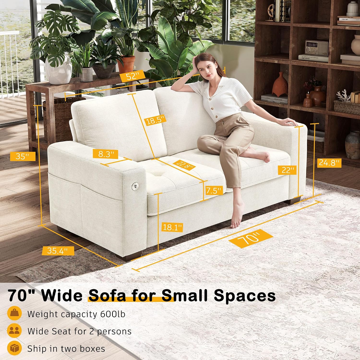 Hanherry 70' Loveseat Sofa for Living Room, Modern Comfy Couch with Medium Firm Seat Cushion, Removable Cover,Wide Armrest,USB/Type-C Port,Chenille Fabric Couches for Small Space,Apartment,Bedroom