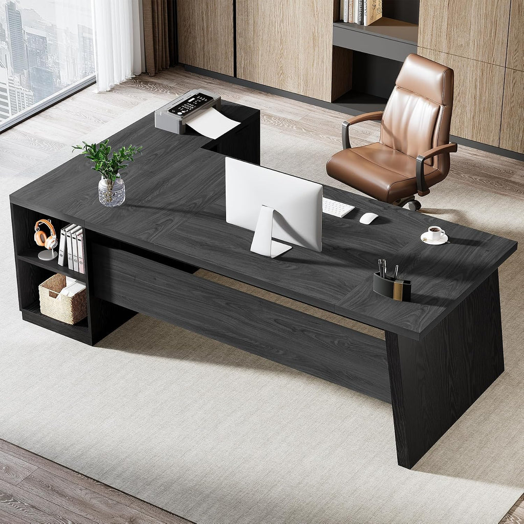 Tribesigns 78' L Shaped Desk with Drawers, Lage Office Desk with Storage Shelves, Modern Corner Computer Desk for Home Office (Gray and Black)