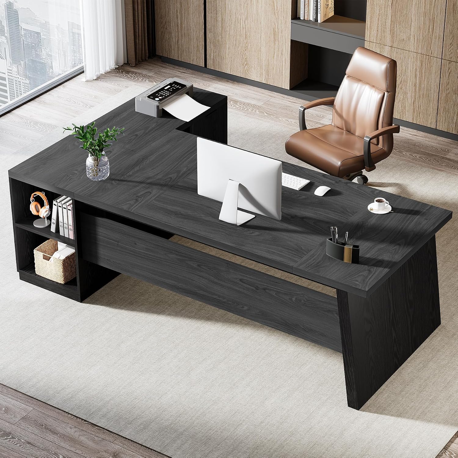 Tribesigns 78' L Shaped Desk with Drawers, Lage Office Desk with Storage Shelves, Modern Corner Computer Desk for Home Office (Gray and Black)