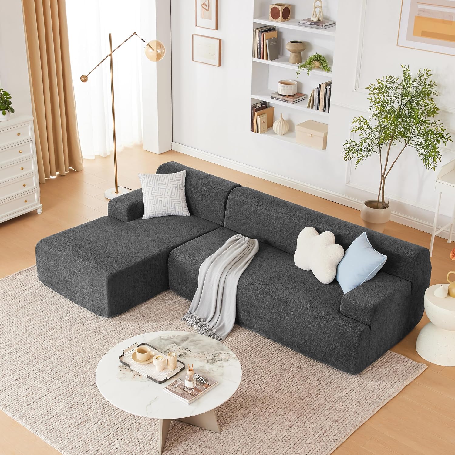 Weture 107' Modular Sectional Cloud Couch, Boneless couches Sponge sectionals for Living Room, High Density Sponges Sofa, Modular L-Shape with Chaise, Darkgrey