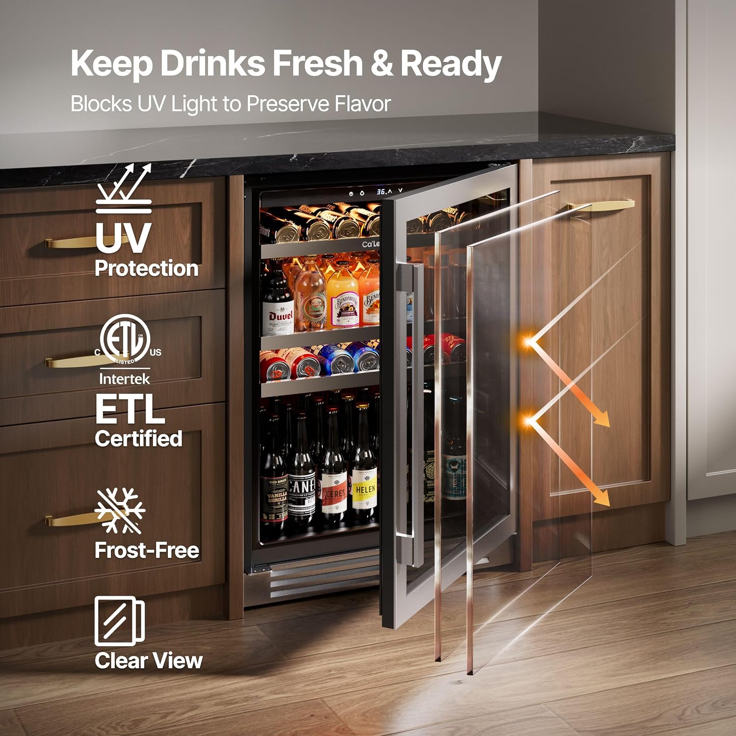 Ca'Lefort Beverage Refrigerator Cooler - 24 Inch Beverage Fridge Under Counter 180 Can with Glass Door, Freestanding or Built-in with 3 Color LED, Drink Cooler for Beer Soda or Wine (Right-Hinged)
