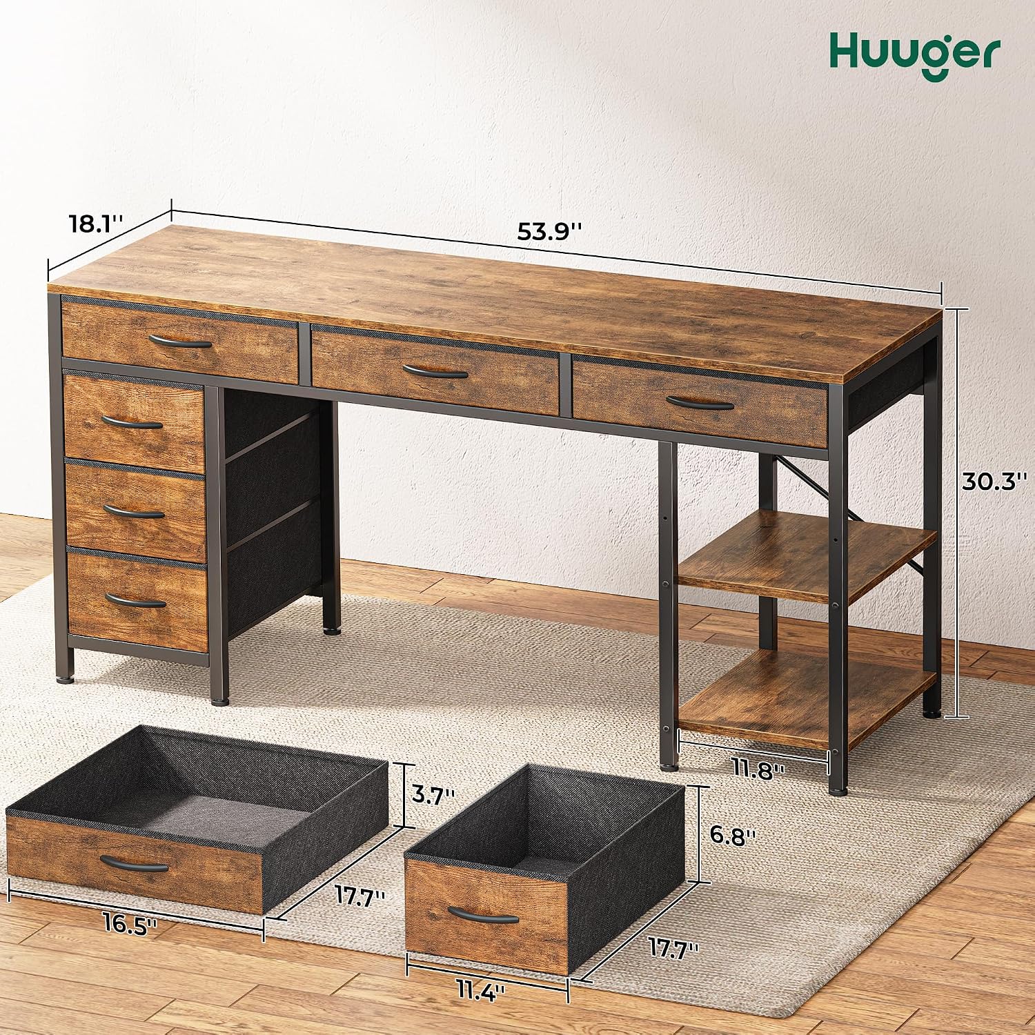 Huuger Computer Desk with 6 Drawers, Office Desk with Shelves, Reversible Gaming Desk, Corner Desk with Storage, Work for Home Office, Study, Living Room, 54inch, Rustic Brown