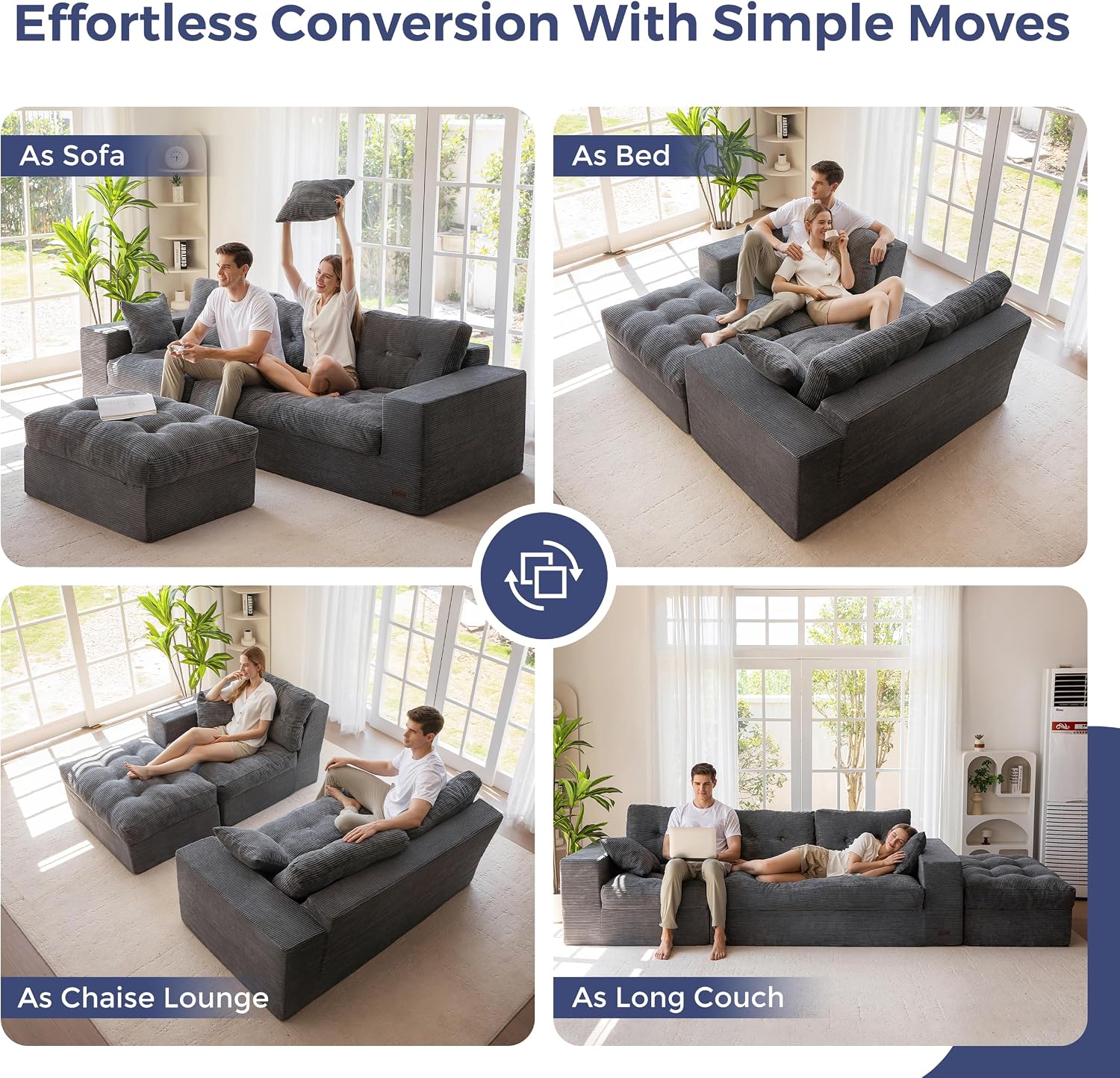 MAXYOYO 104' L Shaped Modular Sectional Sofa with Ottoman, Cloud Boneless Couch with Layered Cushion, Upholstered Sofa Flexible Module Combination for Living Room, No Assembly, Dark Grey