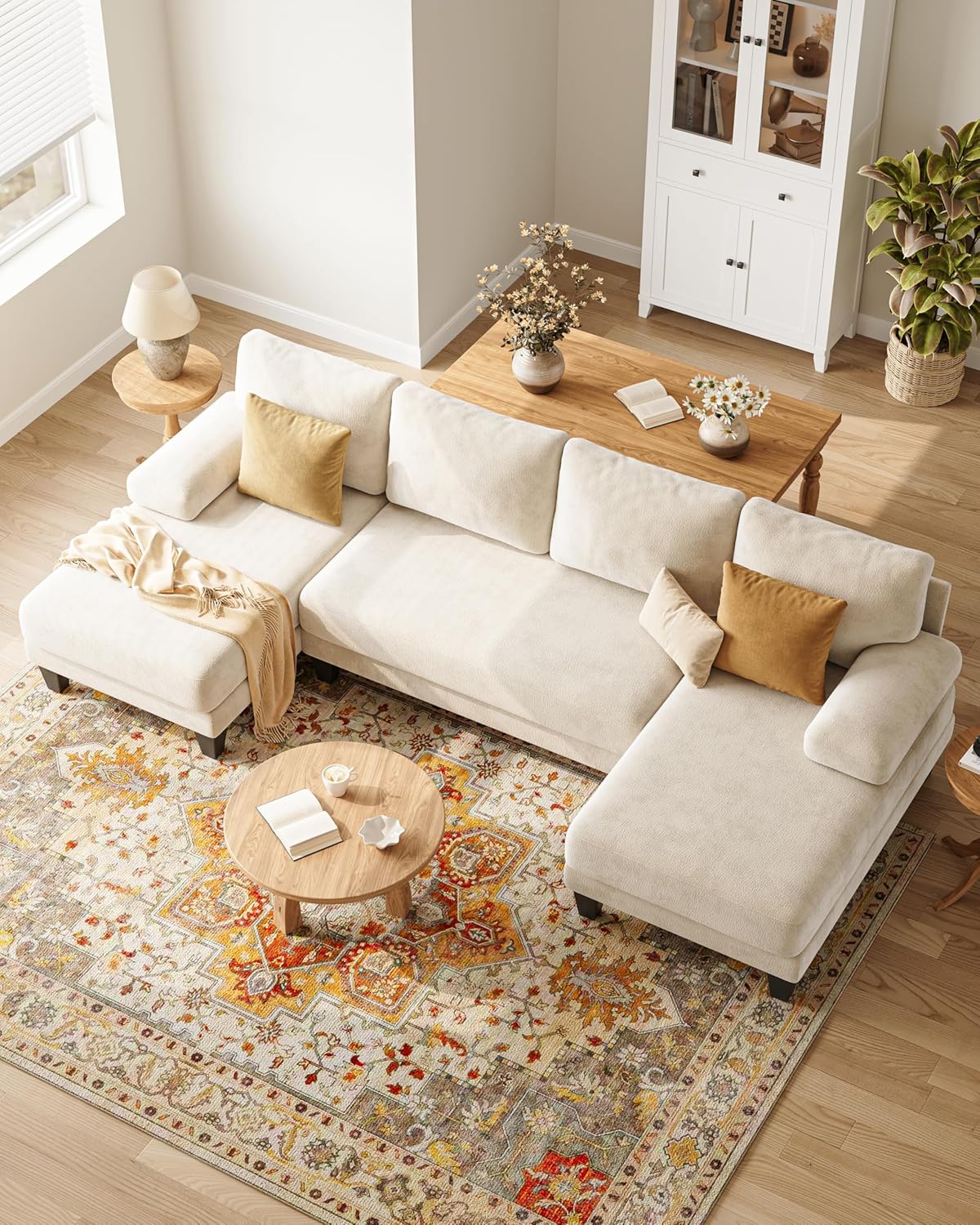 U-Shaped Sectional Couches for Living Room | Chenille Sofa with Double Chaise |112 Inch Beige Sectionals Couch for Apartment