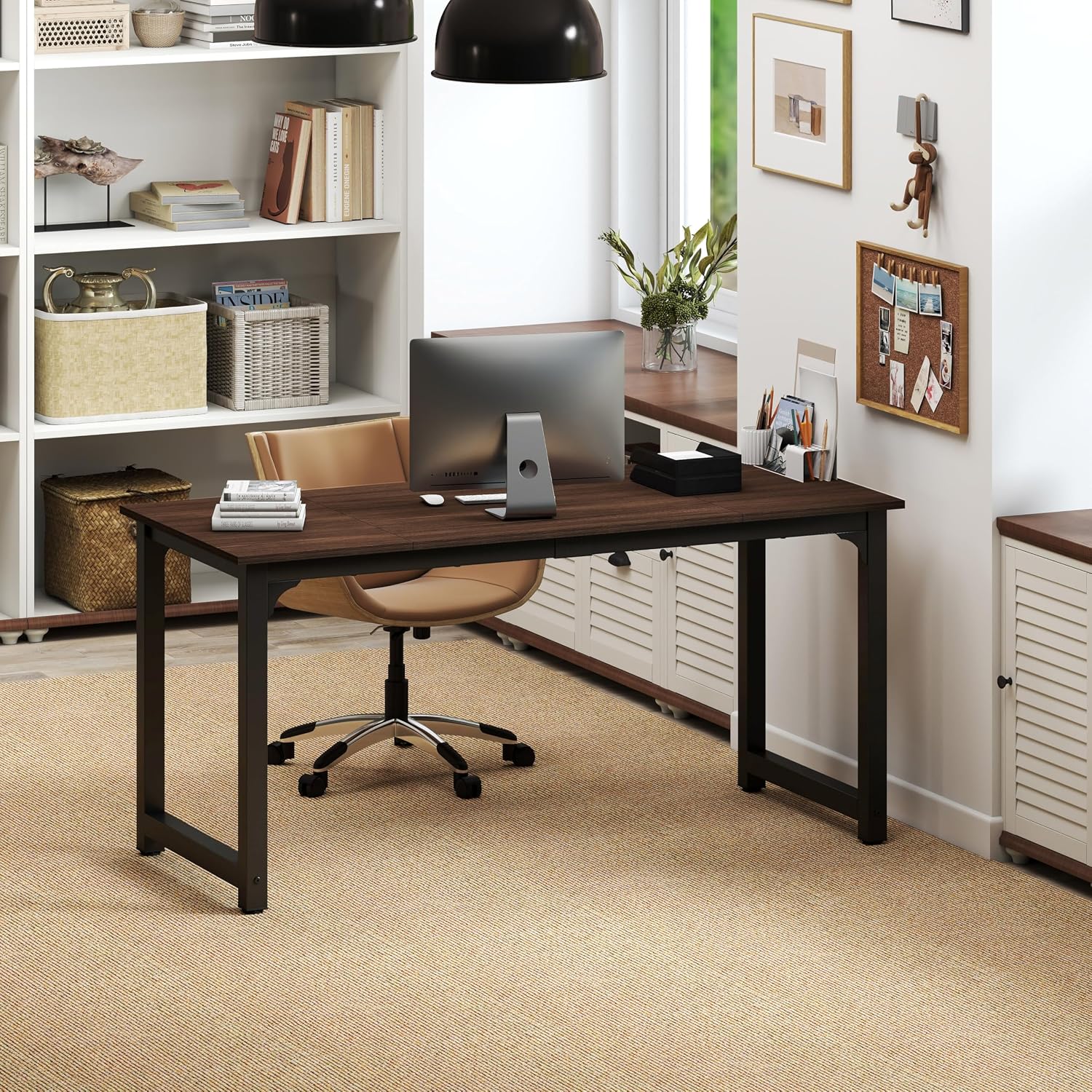 NSdirect Large Office Desk for Home Office, Large 63' Computer Desk Table, Wide Writing Study Desk for 2 Person, Metal Sturdy Frame Thicker Steel Legs, Black Chocolate