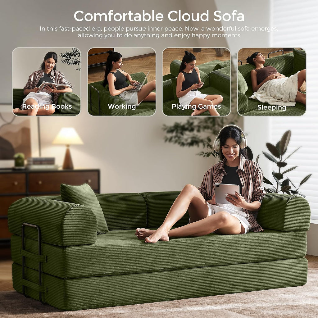 79' Convertible Sofa Bed with Fixed-Shape Frame & Removable Armrests, Modular Corduroy Sleeper Sofa, Folding Mattress Couch for Small Spaces - No Assembly Needed in Green (Includes 2 Pillows)