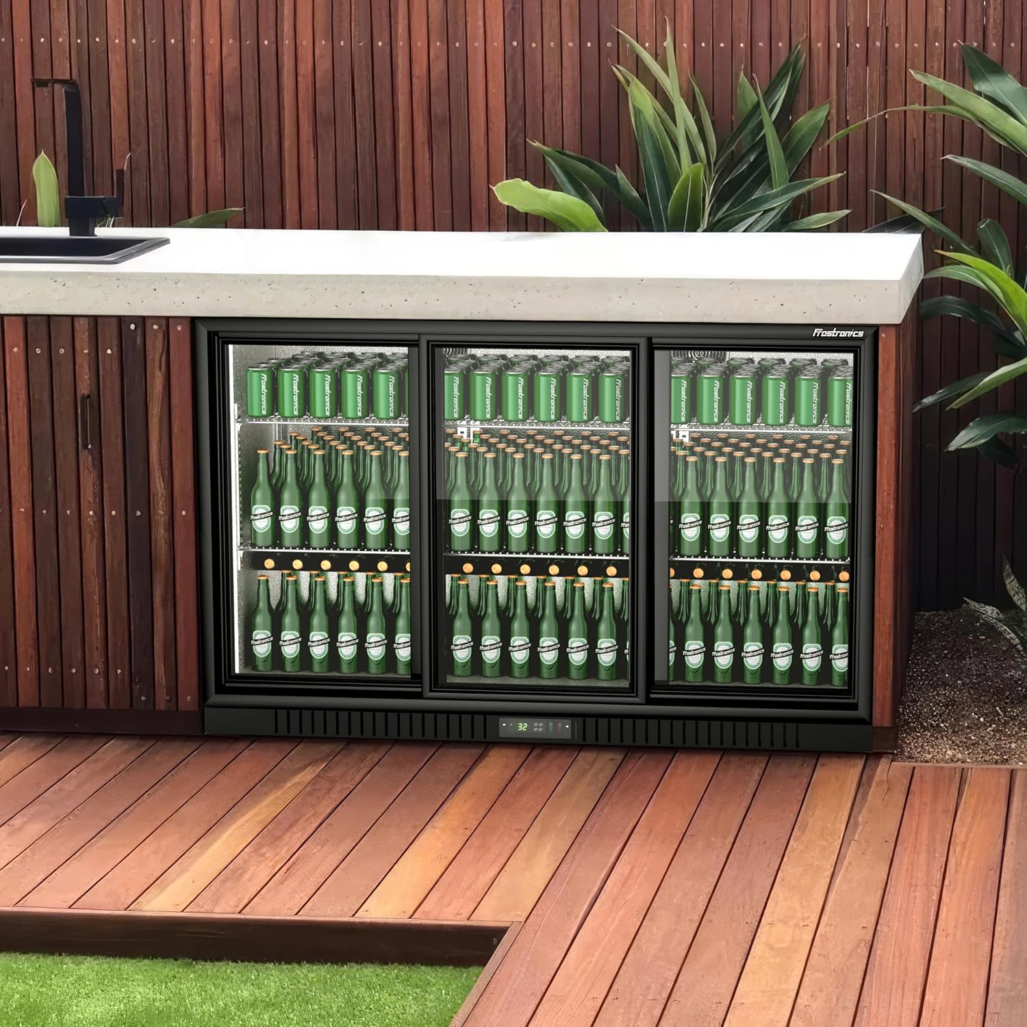 54 in. 335 cans Triple Sliding Door Back Bar Beverage Cooler, 10.8 cu. ft. Under Counter Glass Door Bar Fridge, lockable, 32-50°F Display Refrigerator, ETL & NSF7 Certified
