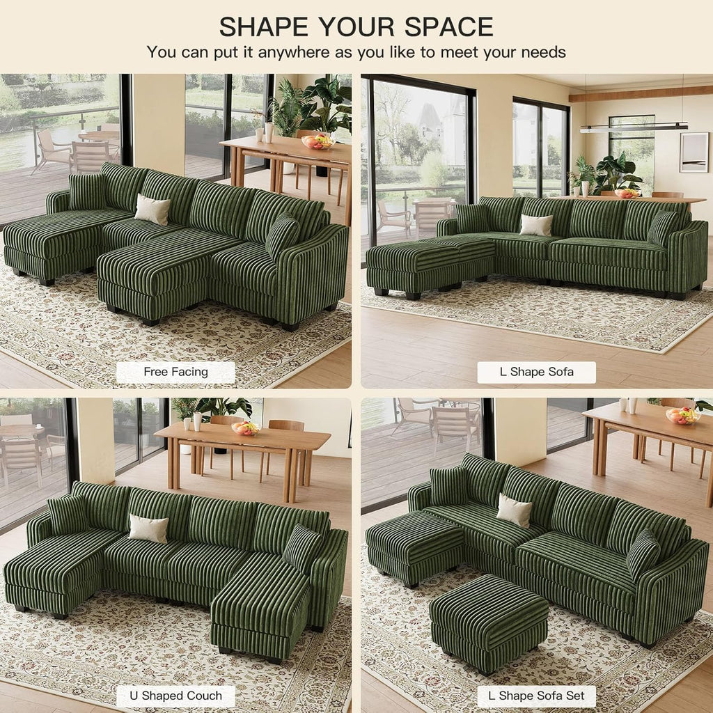 Belffin U Shaped Couch with Reversible Chaises Sectional Couches for Living Room Sectional Couch with Ottomans Corduroy (Green, U Shaped)