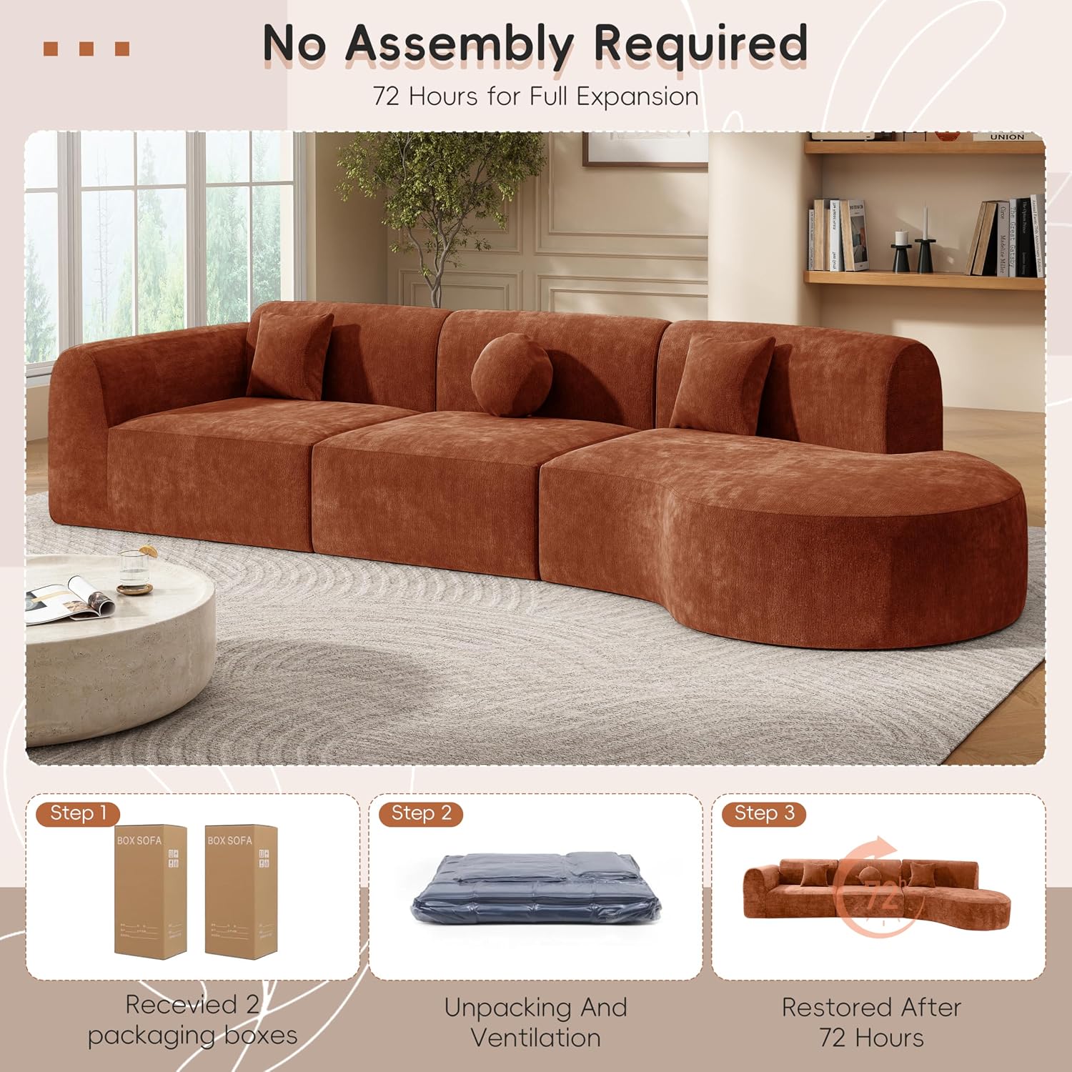 Merax 140' Curved Polyester Sectional Sofa Set, 7 Seat Modern Cloud Couch with Chaise Lounge,3 Pillows, Fully Assembled for Living Room, Orange