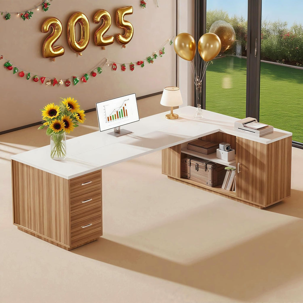 Tribesigns 85.8' L-Shaped Executive Desk, Extra Large Office Desk with File Drawers, Modern Business Furniture, Computer Desk Workstation with Door Cabinet, Shelves for Home Office, White & Brown