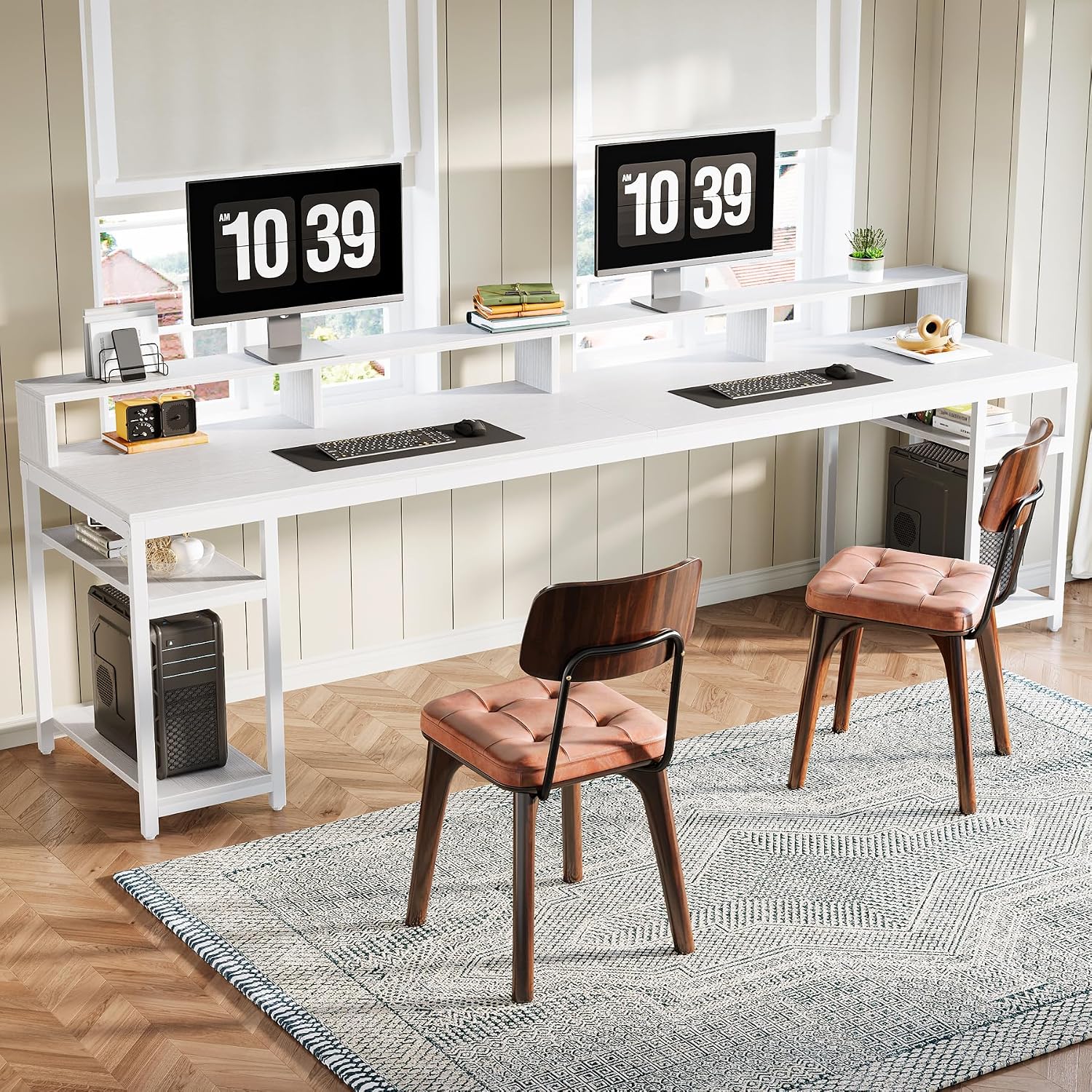 Tribesigns 78.74 Inches Extra Long Two-Person Desk, Double Computer Desk with Monitor Stand and Storage Shelves, Study Work Table for Home Office (White)