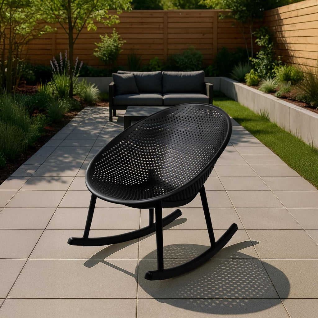 2xhome Patio Rocking Chair | Oval Egg Shaped Lounge Rocker | All Weather Plastic | Modern Accent Side Chair for Indoor or Outdoor Use, Black, Single, Set of 1