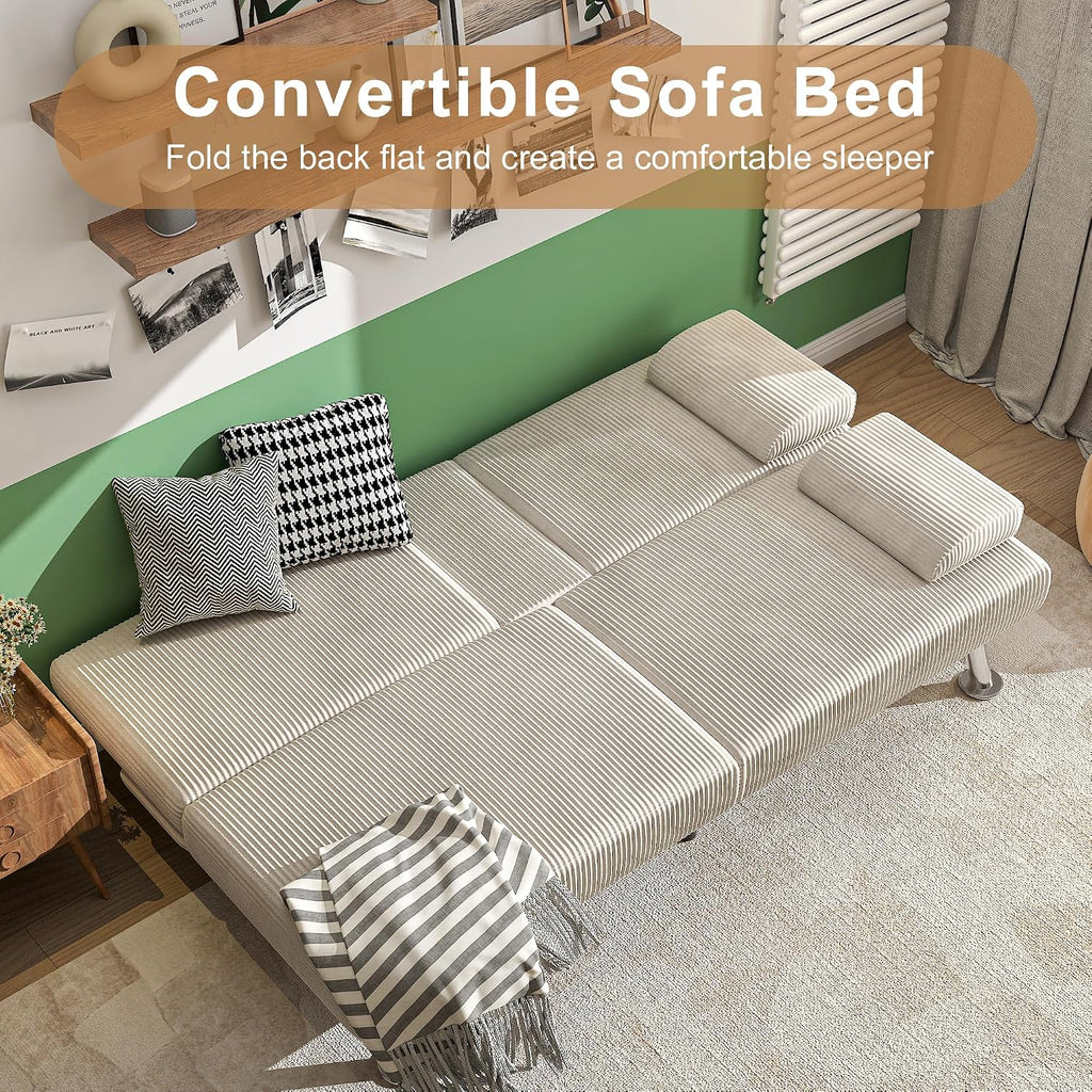 Shahoo Modern Upholstered Convertible Folding Futon Sofa Bed with Removable Armrests, Metal Legs, 2 Cup Holders for Living Room, Beige