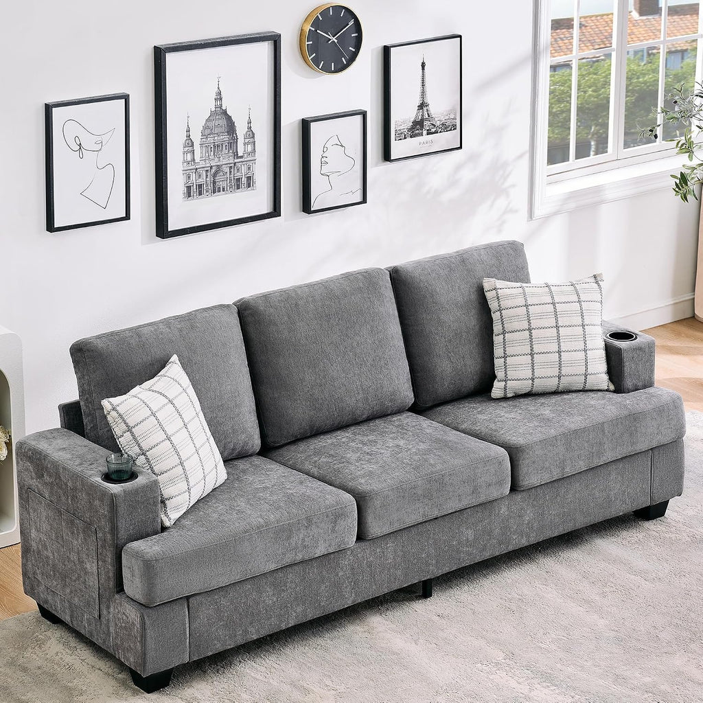 GarveeHome Modern 89 in 3-Seater Sofa for Living Room, Comfy Couches with Deep Seat, Chenille Couch with Cup Holders and Side Storage Pockets for Apartment Lounge, Grey
