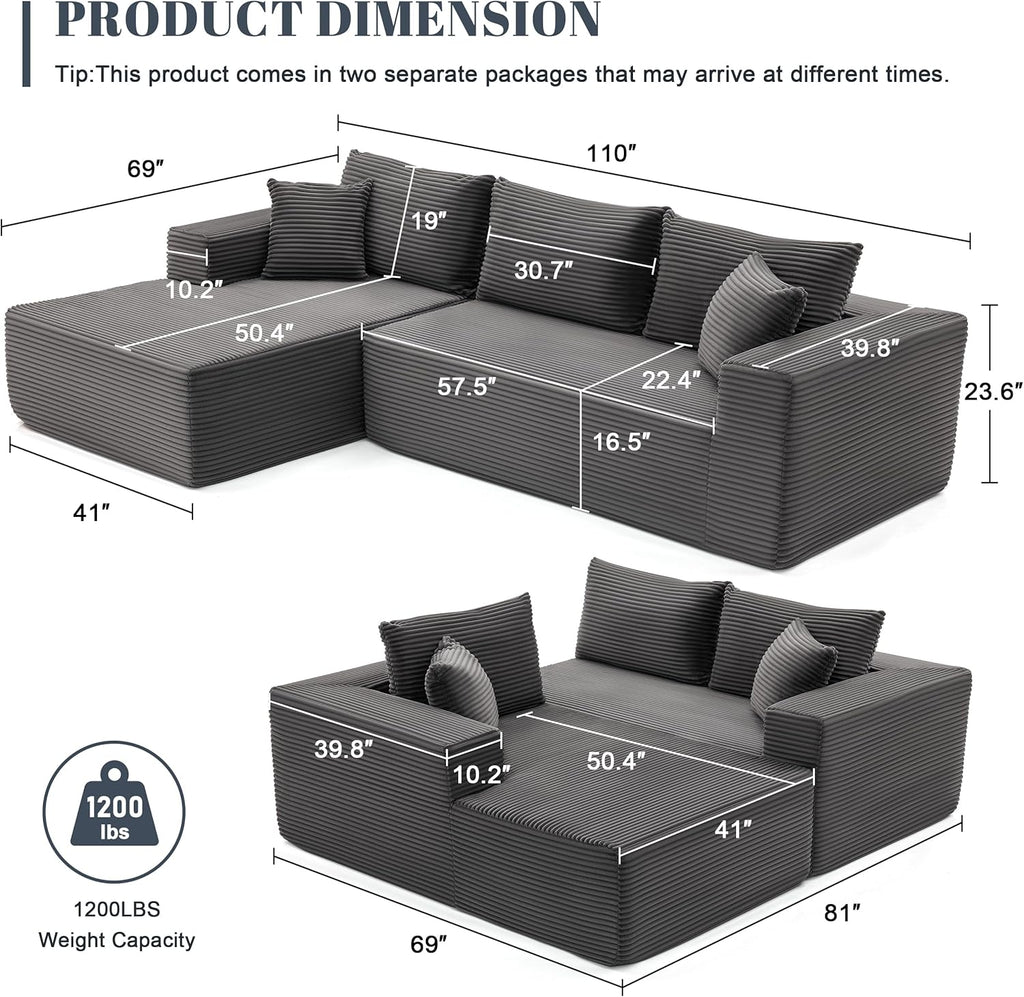 MANGODAN 110' Cloud Sectional Couch, Boneless Sofa for Living Room, Modular Sectional Sofa with Deep Seat, Comfy Fluffy Couch with L-Shaped Chaise, No Assembly Required (Left-Facing Chaise, Dark Grey)