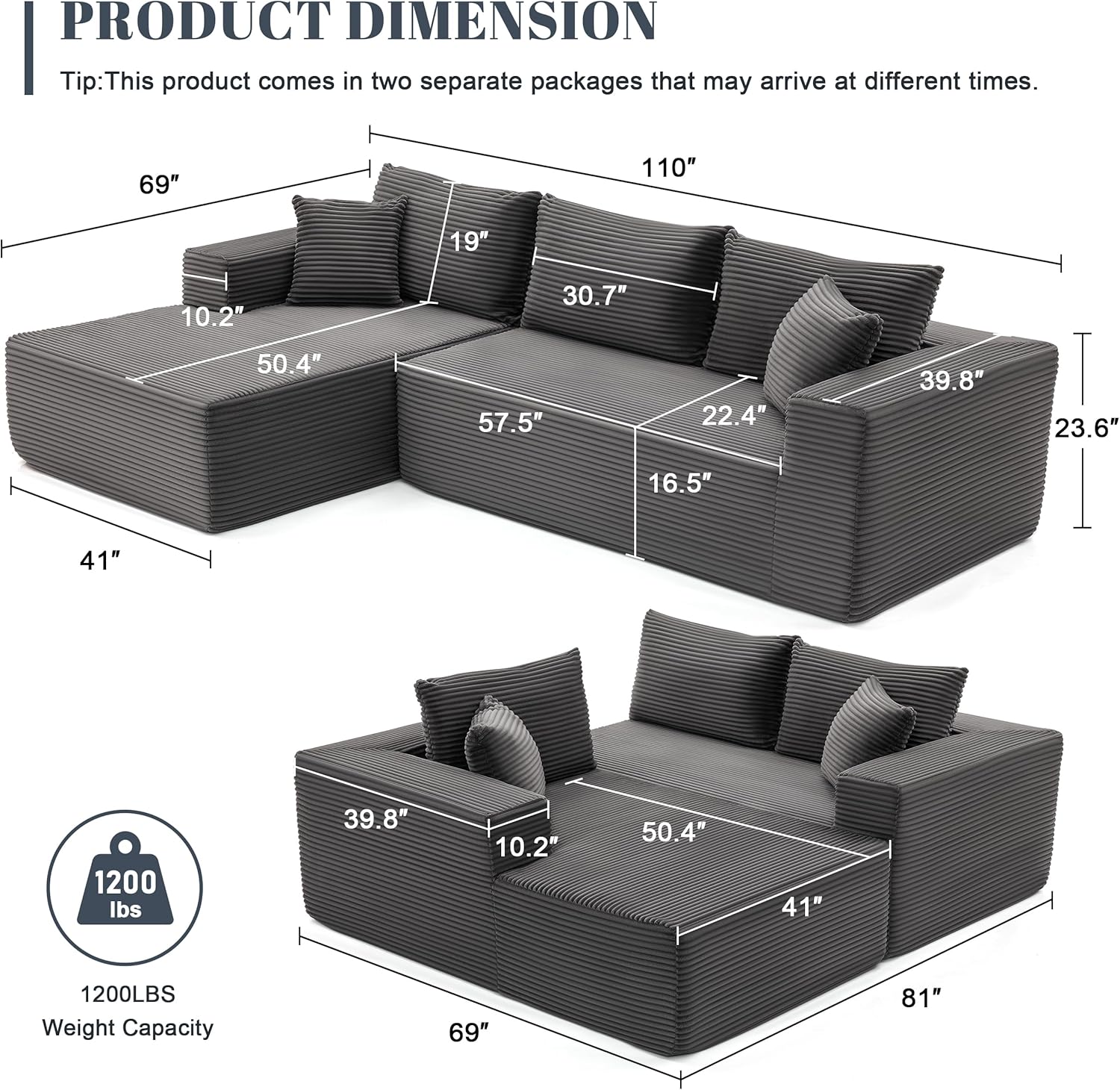 MANGODAN 110' Cloud Sectional Couch, Boneless Sofa for Living Room, Modular Sectional Sofa with Deep Seat, Comfy Fluffy Couch with L-Shaped Chaise, No Assembly Required (Left-Facing Chaise, Dark Grey)