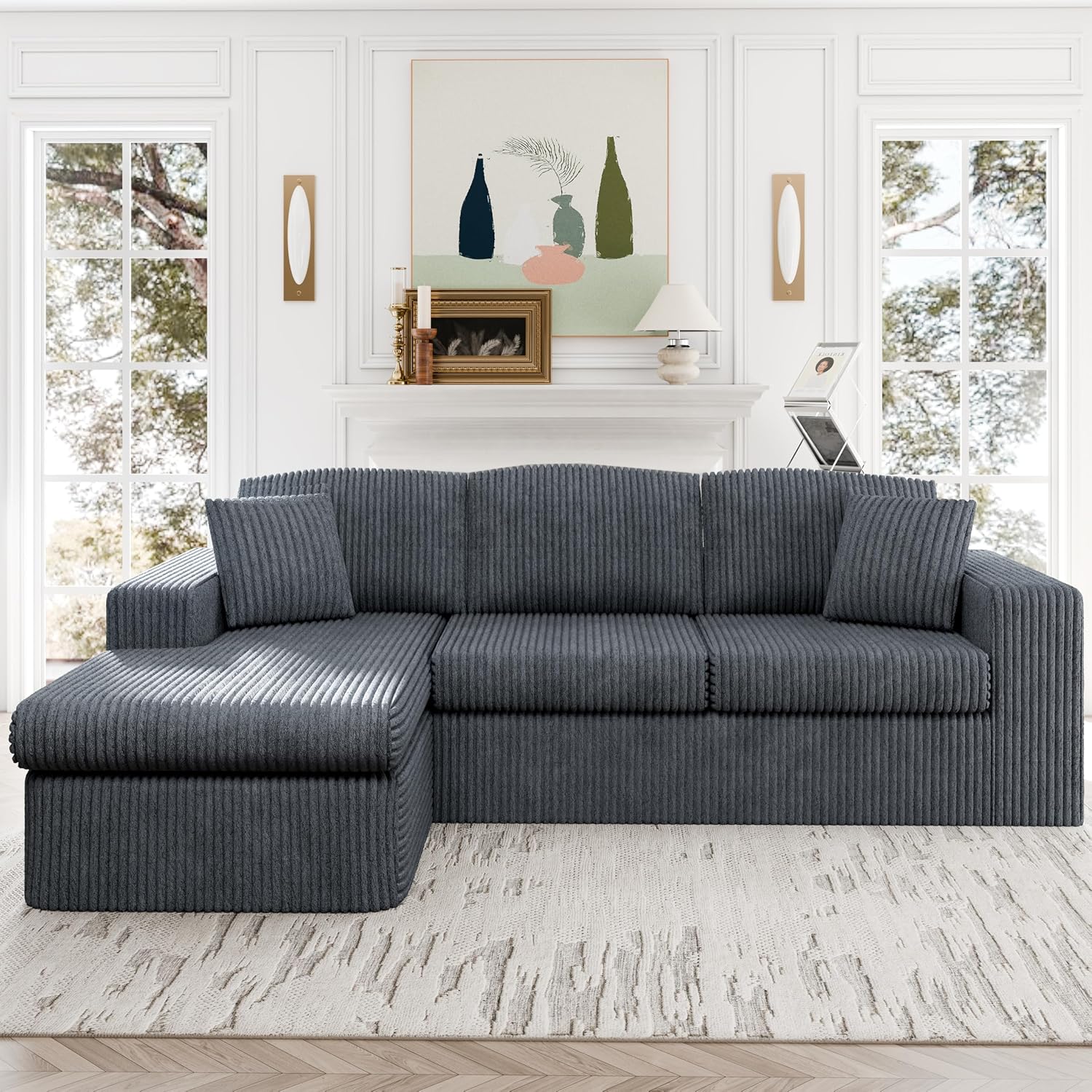 Shintenchi 105' Modular Sectional Sofa, Boneless L Shaped Couch with Deep Seat, Cloud Foam Couch with Oversized Chaise, Plush Cordurory Sofa No Assembly Needed for Living Room, Dark Gray