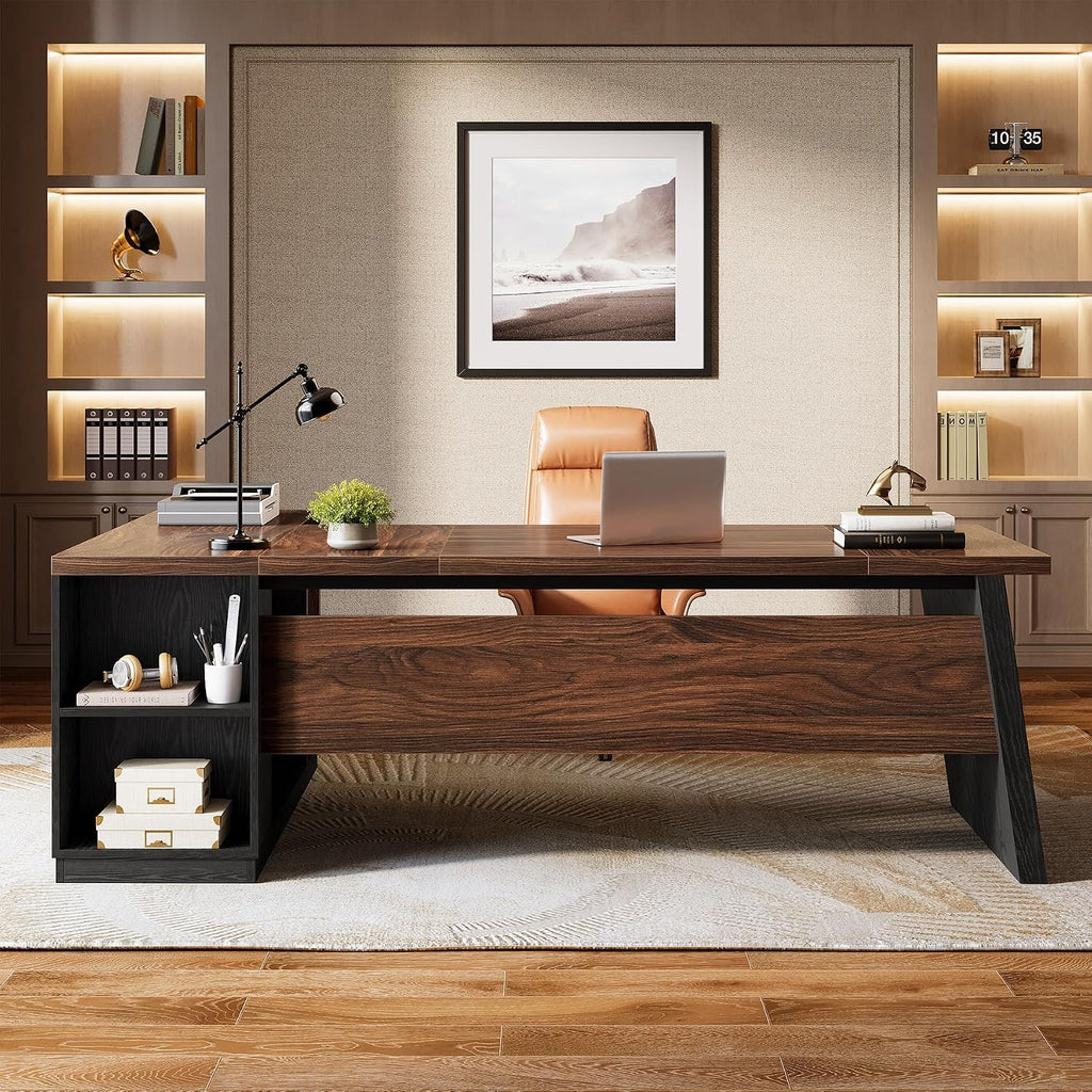 Tribesigns 78' L Shaped Executive Desk, Large Office Desk with Drawers and Storage Shelves, Modern Corner Computer Table Business Furniture for Home Office (Walnut & Brown)
