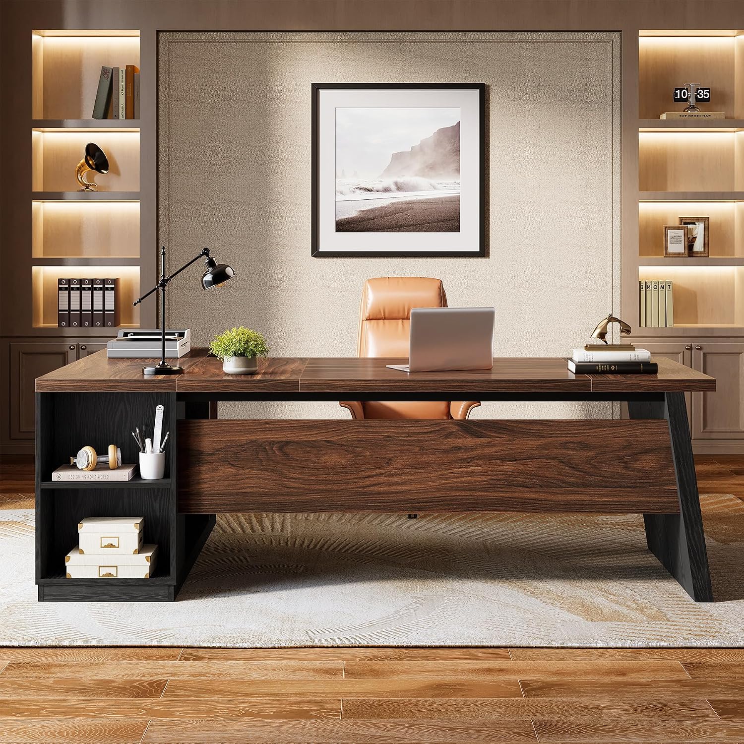 Tribesigns 78' L Shaped Executive Desk, Large Office Desk with Drawers and Storage Shelves, Modern Corner Computer Table Business Furniture for Home Office (Walnut & Brown)