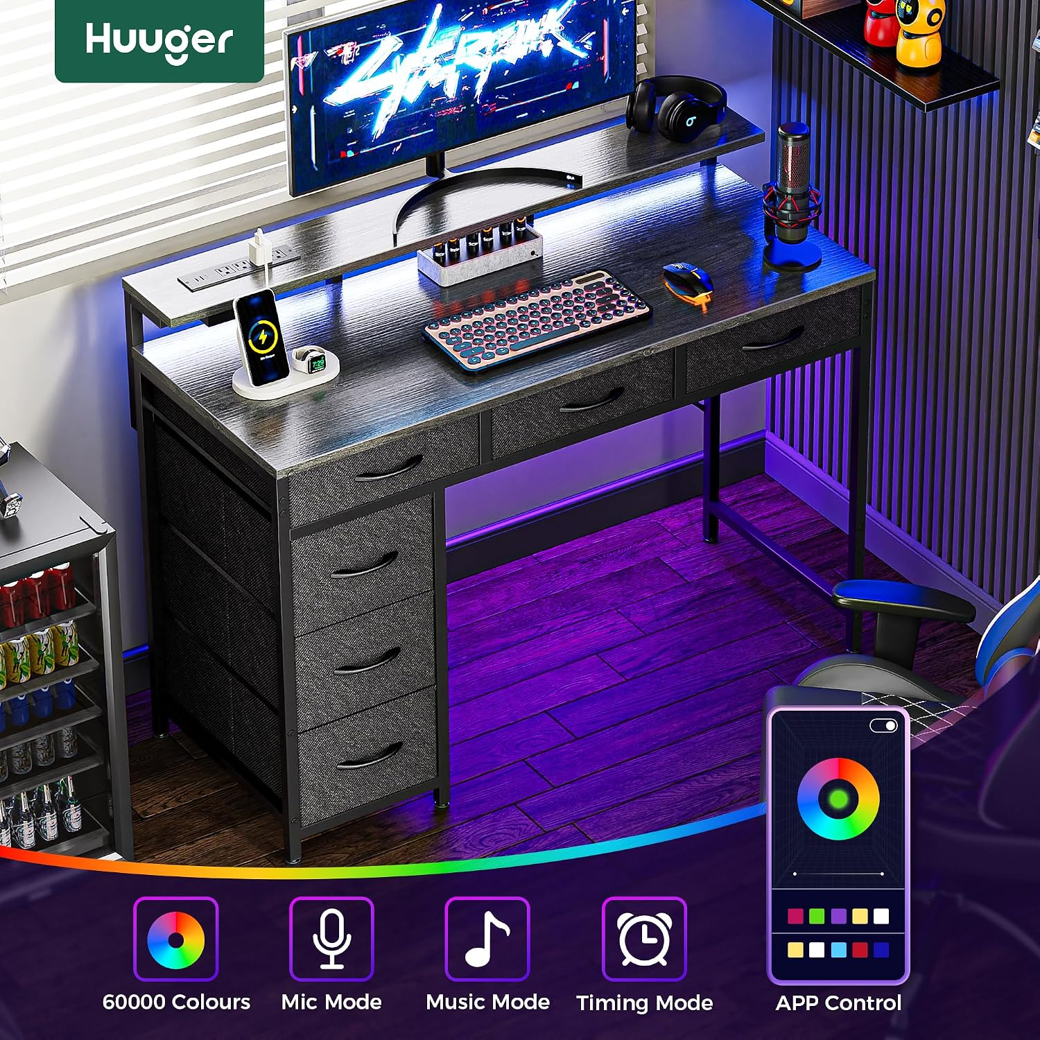 Huuger Gaming Desk with 6 Drawers, Computer Desk with LED Lights Power Outlets and Type-C, 39 Inch Office Desk with Storage, Monitor Stand, Writing Desk Work Desk for Home Office, Bedroom, Study, Grey