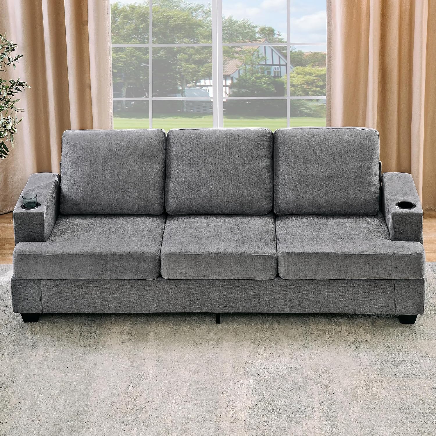 GarveeHome Modern 89 in 3-Seater Sofa for Living Room, Comfy Couches with Deep Seat, Chenille Couch with Cup Holders and Side Storage Pockets for Apartment Lounge, Grey