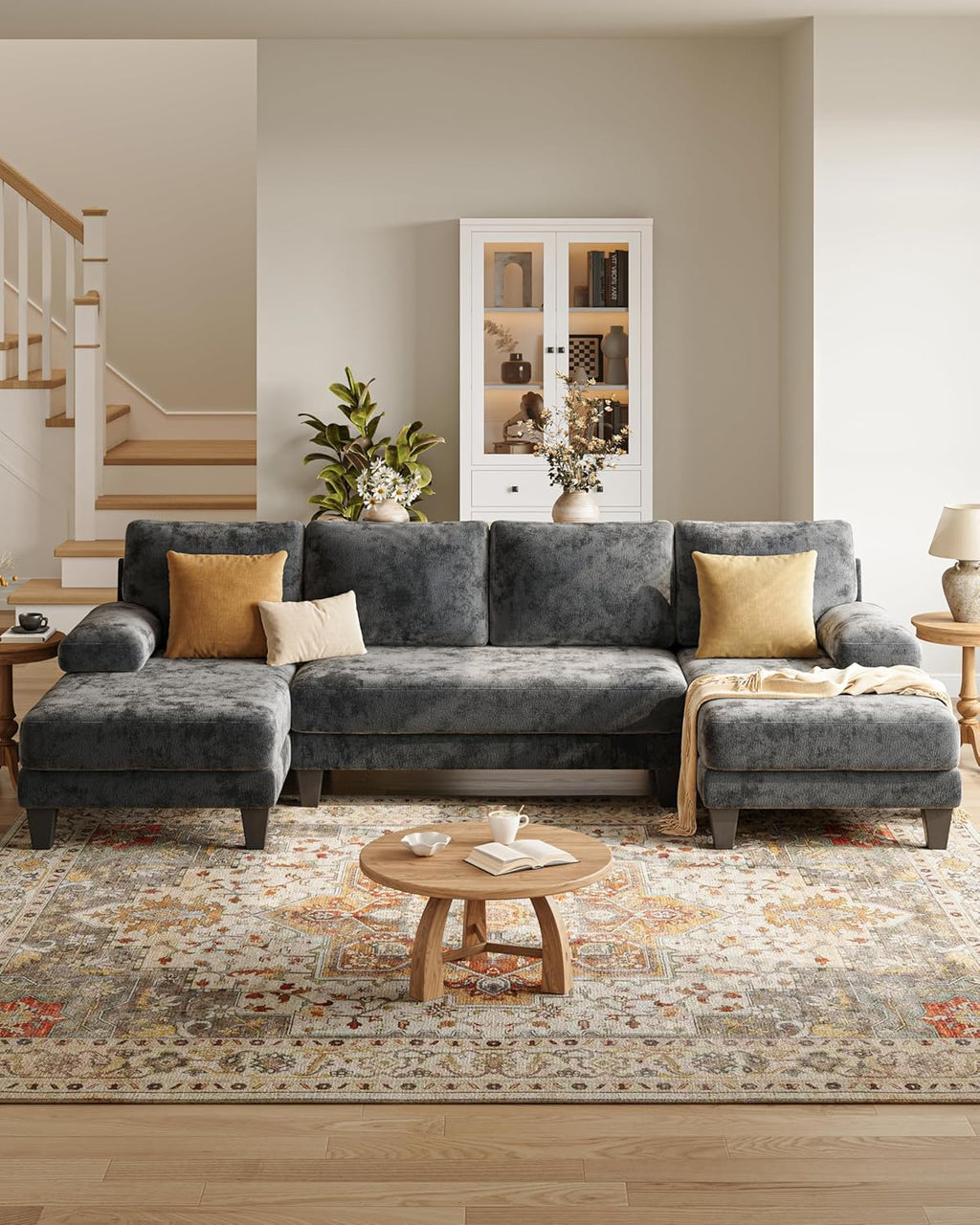 U-Shaped Sectional Couches for Living Room | Chenille Sofa with Double Chaise | 112 Inch Dark Grey Sectionals Couch for Apartment