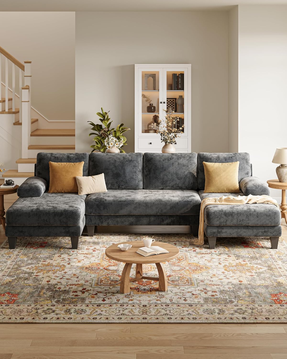 U-Shaped Sectional Couches for Living Room | Chenille Sofa with Double Chaise | 112 Inch Dark Grey Sectionals Couch for Apartment