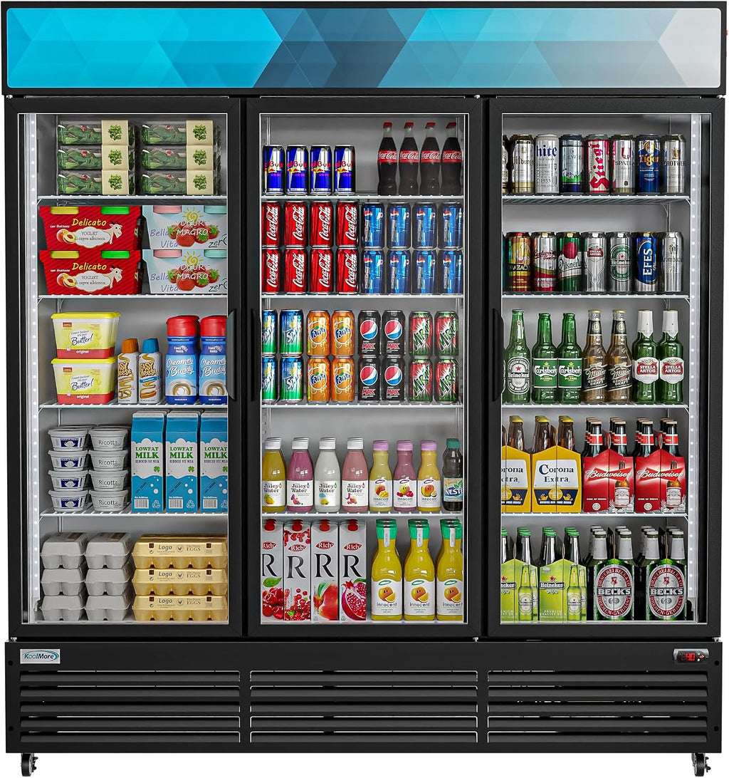 KoolMore MDR-3GD-63C 3 Glass Commercial Display Refrigerator Upright Beverage Cooler Merchandiser-56, 56 Cu. Ft. Space Saver Triple Swing Door, Black