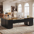 Tribesigns 85.8-Inch L-Shaped Executive Desk with File Drawers, Door Cabinet & Shelves, Extra Large Commercial Office Desk, Modern Professional Office Table, Business Furniture, Warm Brown & Black