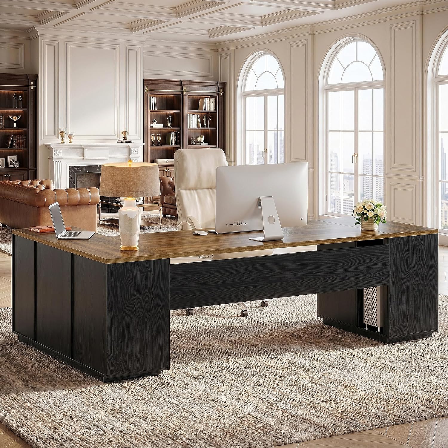Tribesigns 85.8-Inch L-Shaped Executive Desk with File Drawers, Door Cabinet & Shelves, Extra Large Commercial Office Desk, Modern Professional Office Table, Business Furniture, Warm Brown & Black