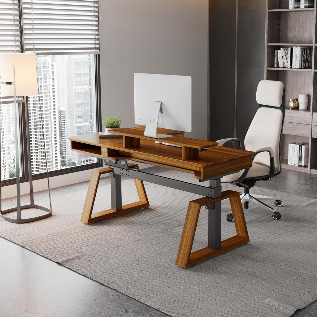 EUREKA ERGONOMIC 63' L-Shaped Standing Desk, Solid Walnut Top, Dual Drawers, Height Adjustable Executive Desk with Monitor Stand, Right, Walnut