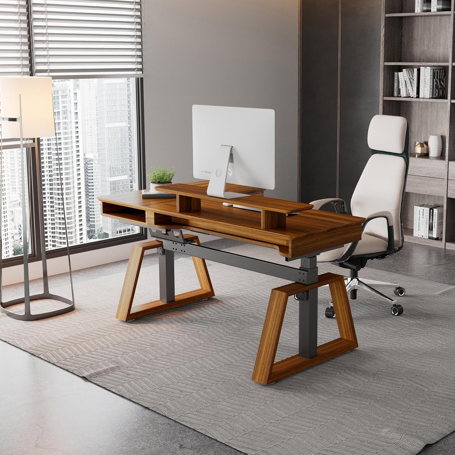 EUREKA ERGONOMIC 63' L-Shaped Standing Desk, Solid Walnut Top, Dual Drawers, Height Adjustable Executive Desk with Monitor Stand, Right, Walnut
