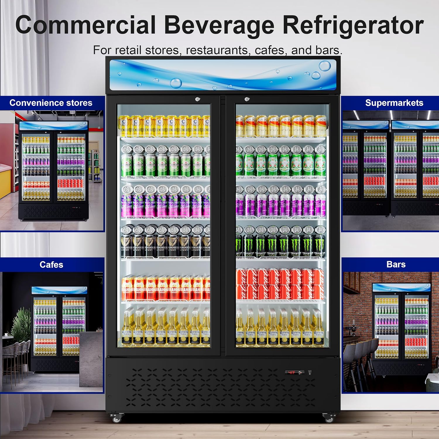 Beverage Cooler Commercial Refrigerator 40.3 Cu.Ft. Glass Door Display Refrigerator with LED Light, Shelves, Display 10 Commercial Beverage Refrigeratorfor Restaurant Cafe Bar Store (40.3 Cu.Ft.)