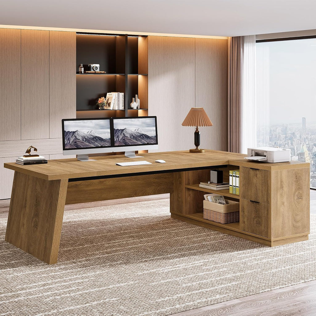 Tribesigns 78' L Shaped Desk with Drawers, Large Executive Office Desk with File Cabinet and Shelves, Modern Corner Computer Table Business Furniture for Home Office, Brown