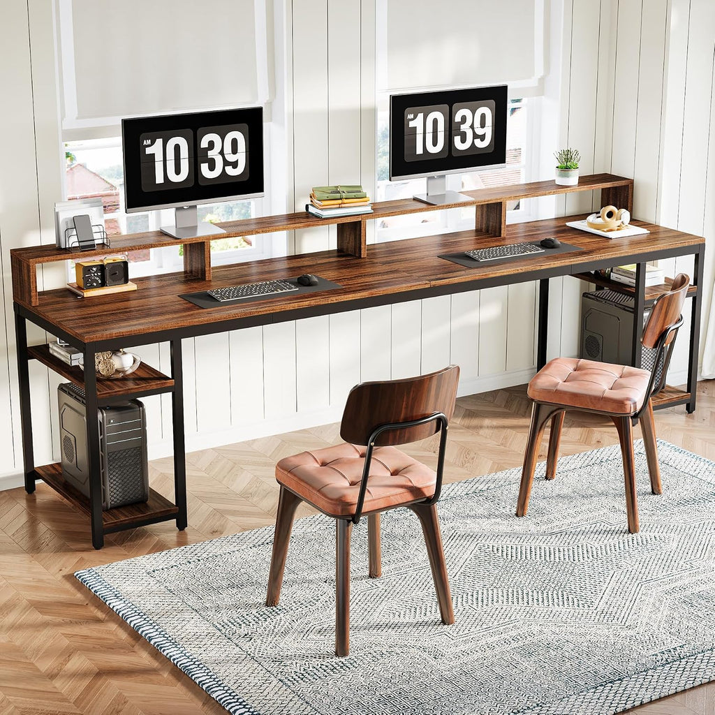 Tribesigns 78.74 Inches Extra Long Two-Person Desk, Double Computer Desk with Monitor Stand and Storage Shelves, Study Work Table for Home Office (Rustic Brown)