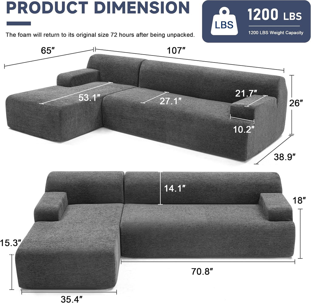 Weture 107' Modular Sectional Cloud Couch, Boneless couches Sponge sectionals for Living Room, High Density Sponges Sofa, Modular L-Shape with Chaise, Darkgrey