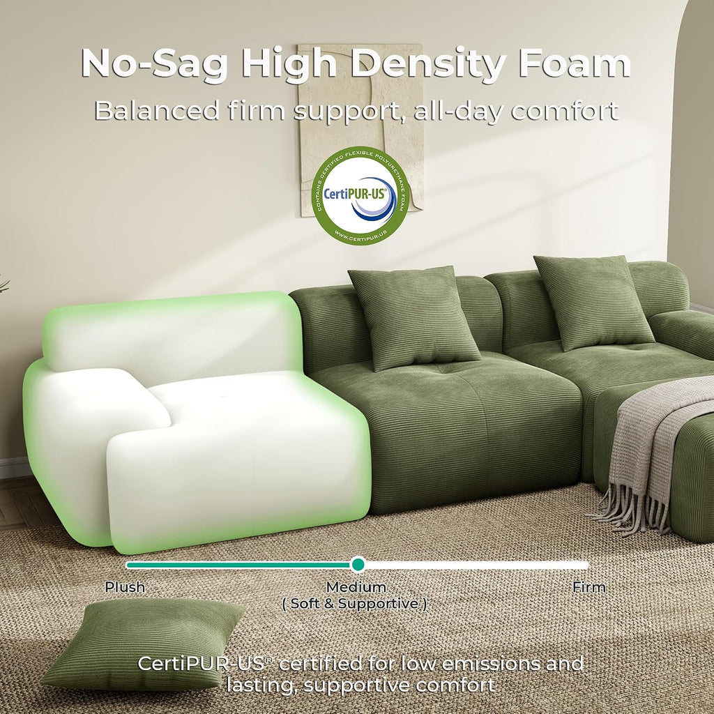 LIKIMIO LumiCord Modular Sectional Sofa with Ottoman, 118' L-Shaped Boneless Couch for Living Room, Oversized Deep Seat with Corduroy Upholstery, No Assembly Required, Olive Green