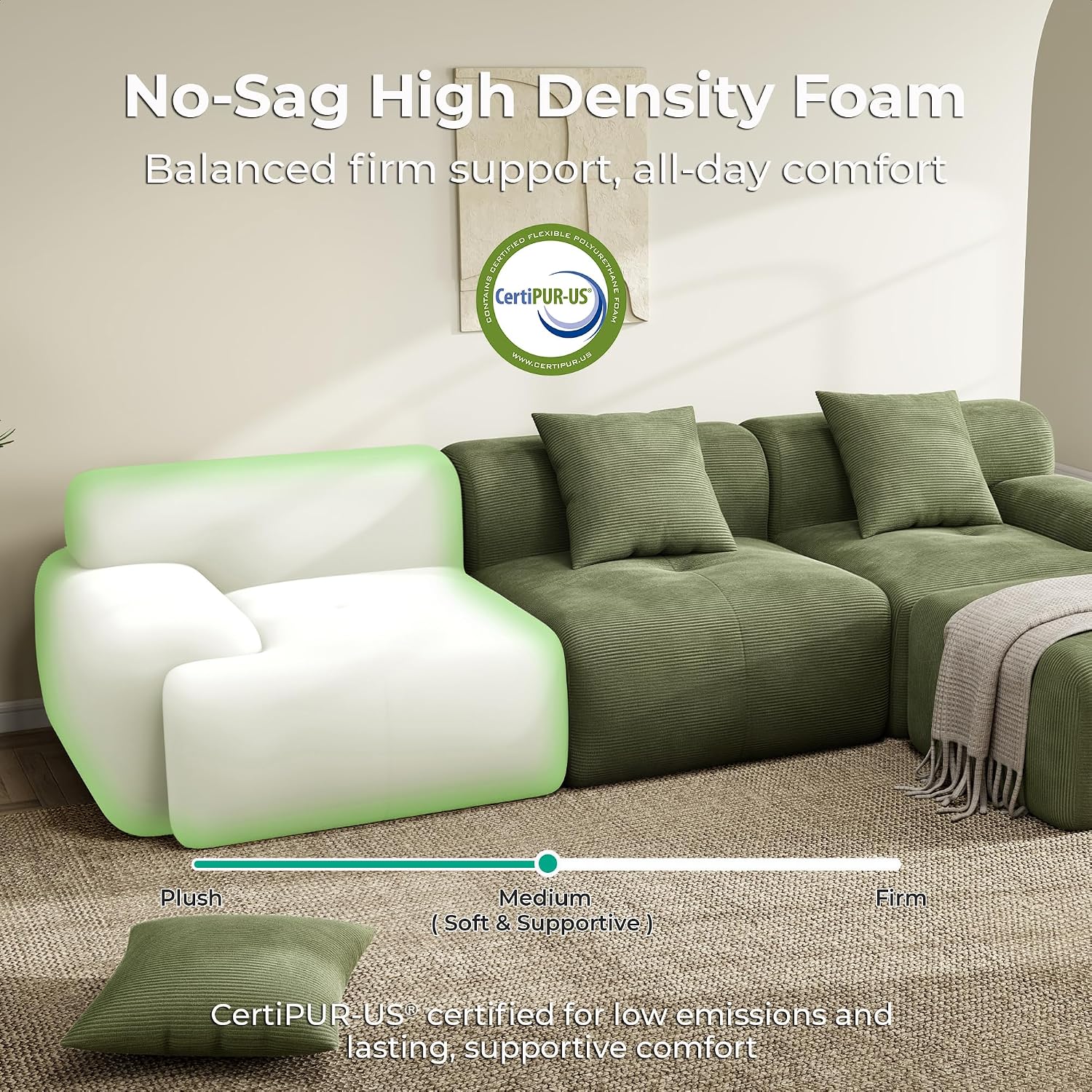 LIKIMIO LumiCord Modular Sectional Sofa with Ottoman, 118' L-Shaped Boneless Couch for Living Room, Oversized Deep Seat with Corduroy Upholstery, No Assembly Required, Olive Green
