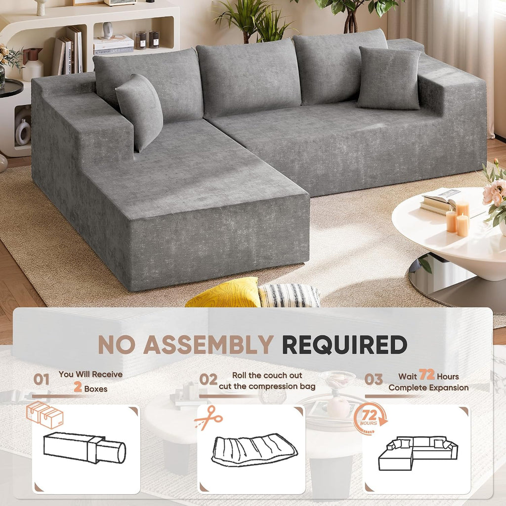 Homall 108' Modular Sectional Sofa, Boneless Couch with L-Shape Chaise, Cloud Couch with Deep Seat Upholstered, No Assembly Required for Living Room, Bedroom (Chenille, Grey)