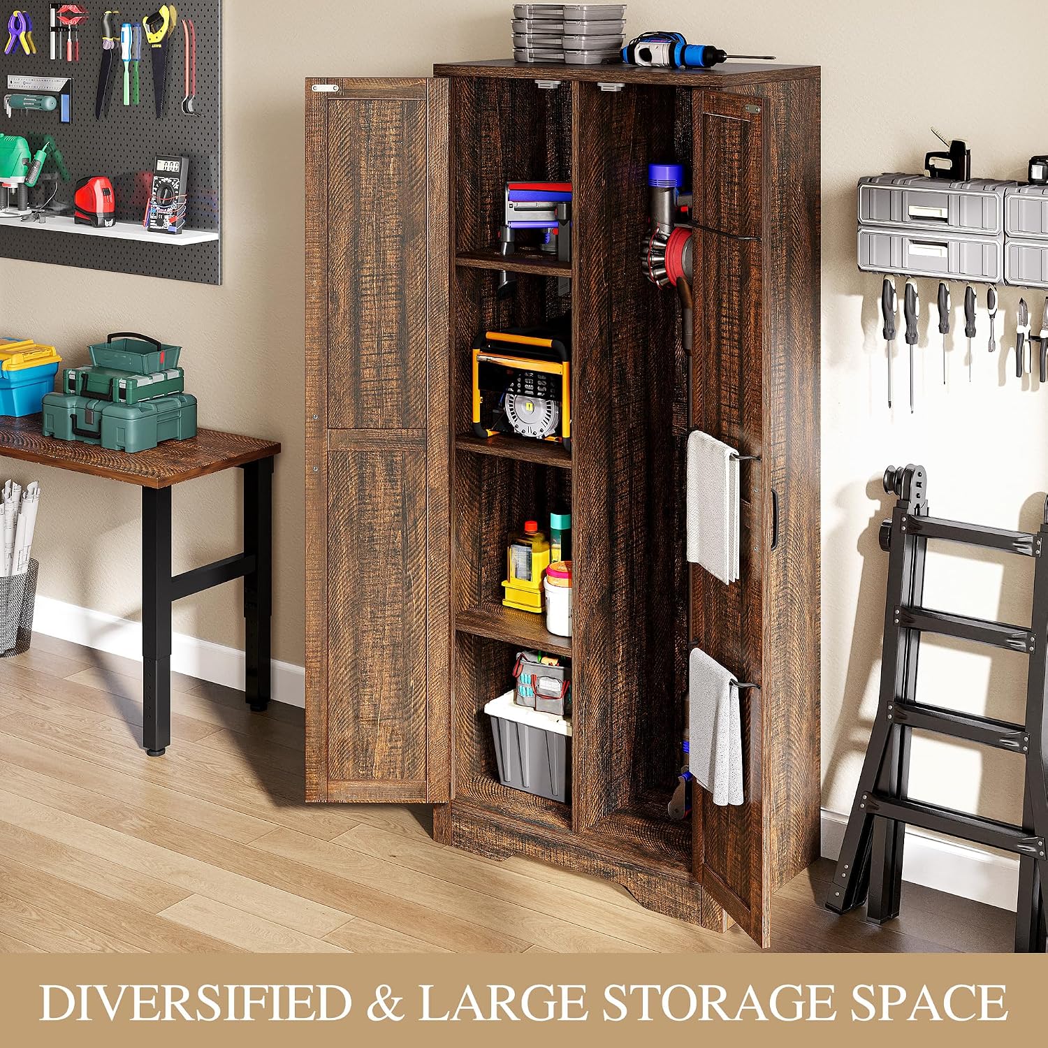 DWVO Wooden Storage Cabinet, Vacuum Cleaner Cabinet Storage Compatible with Dyson Models, Utility Cabinet Stand for Brooms and Mops, Cleaning Tool Cabinet with Doors for Garage