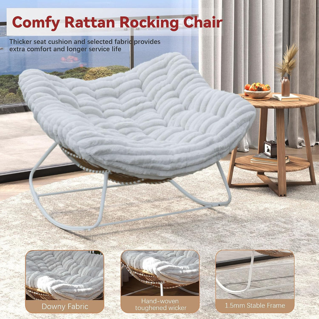 Papasan Rocking Chair, Rattan Rocking Chair, Oversized Outdoor Chair with Deep Seat Thick Cushion, Patio Rocking Chair for Bedroom/Porch/Garden (Light Grey & White)