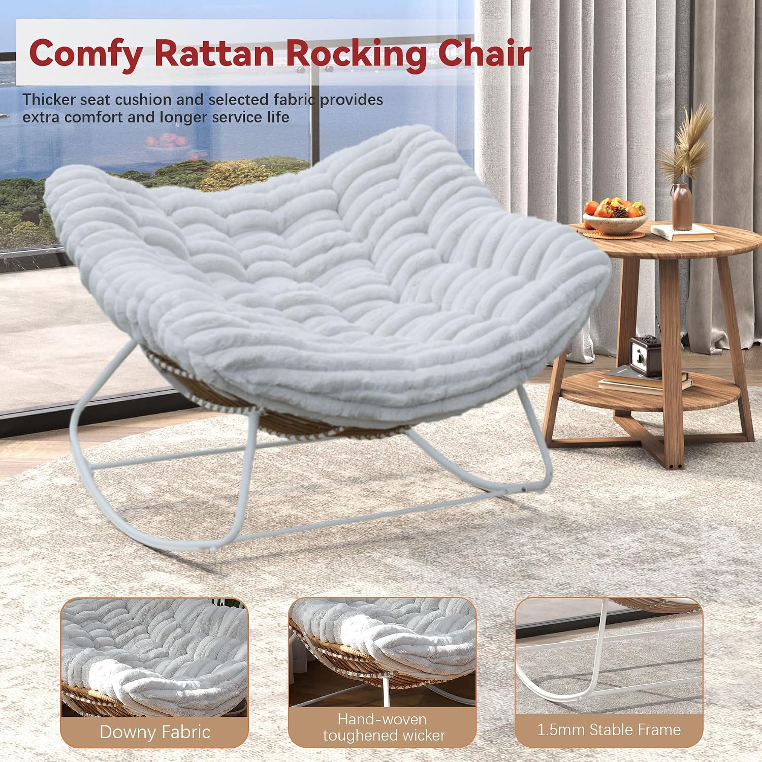 Papasan Rocking Chair, Rattan Rocking Chair, Oversized Outdoor Chair with Deep Seat Thick Cushion, Patio Rocking Chair for Bedroom/Porch/Garden (Light Grey & White)
