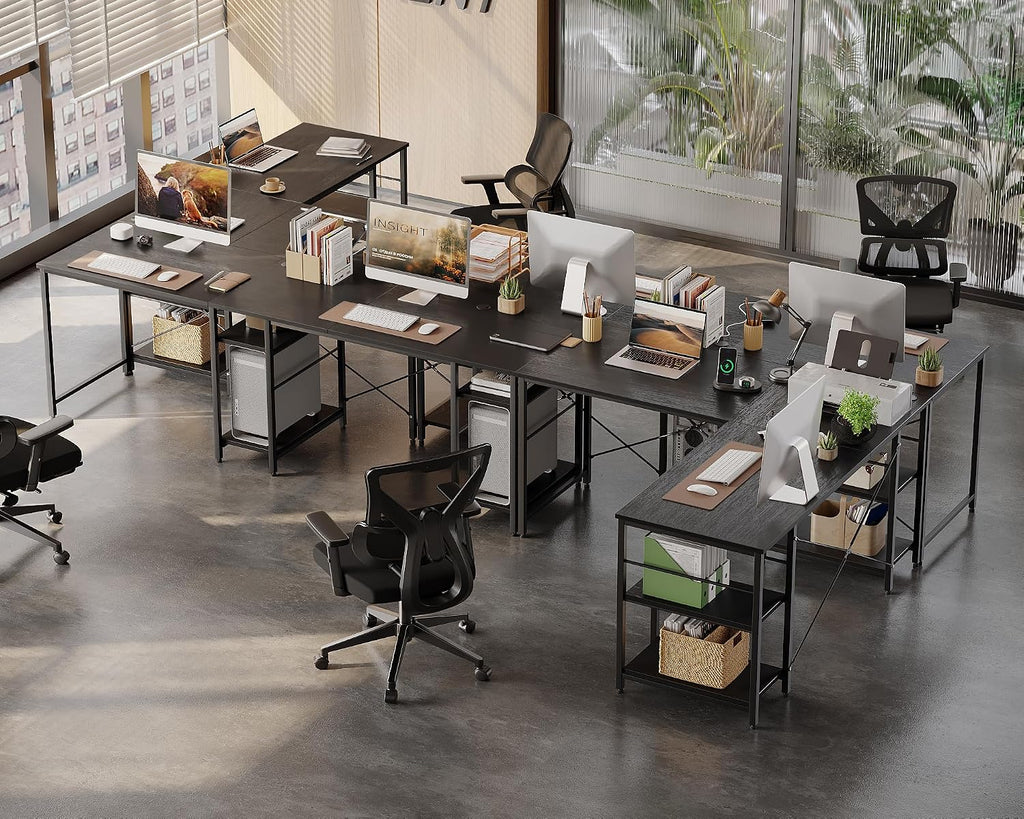 Bestier 95.2' L Shaped Desk, Reversible Corner Computer Desk or 2 Person Long Table with Adjustable Shelves, Large Writing Study Workstation with 3 Cable Holes - Black