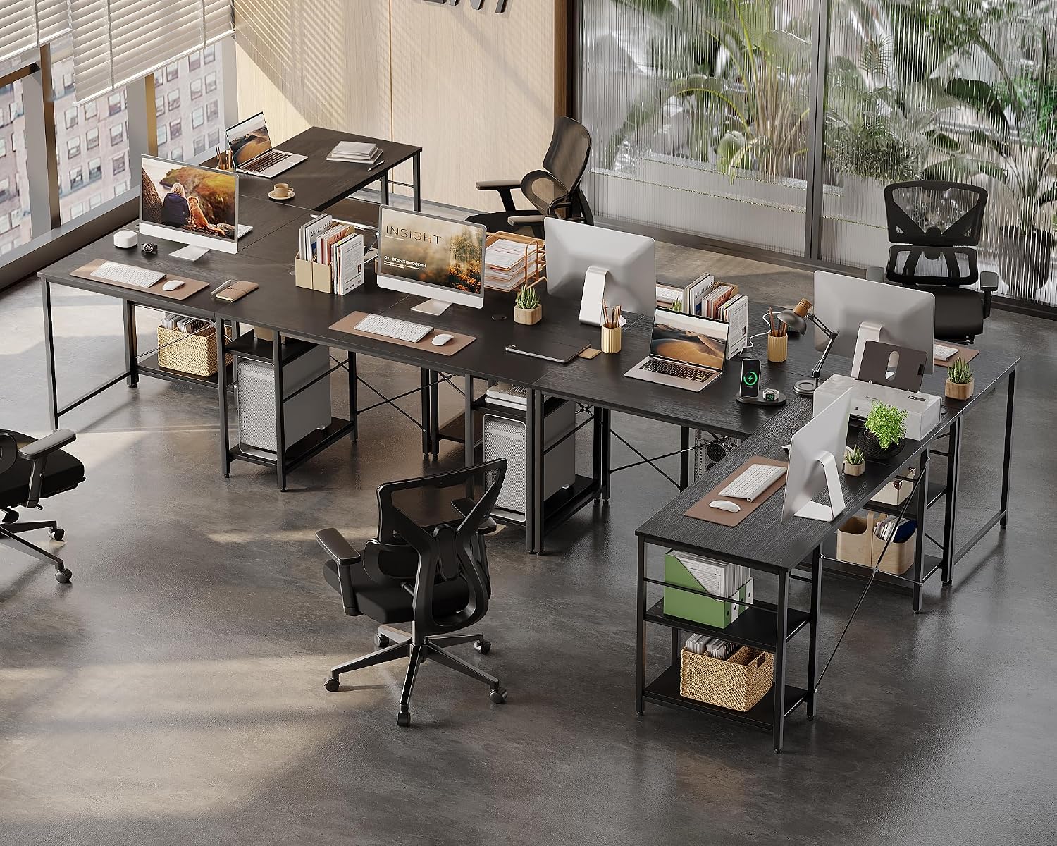 Bestier 95.2' L Shaped Desk, Reversible Corner Computer Desk or 2 Person Long Table with Adjustable Shelves, Large Writing Study Workstation with 3 Cable Holes - Black