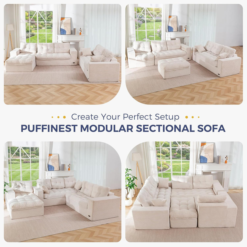 MAXYOYO Modular Sectional Sofa with Ottoman and Loveseat, Cloud Boneless Couch with Layered Cushion, Flexible Module Combination Sofa for Living Room, No Assembly Required,Beige