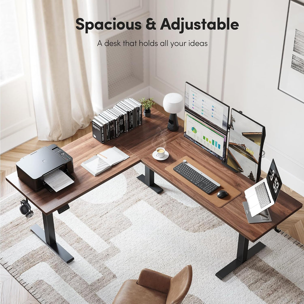 FEZIBO 63' x 55'L Shaped Standing Desk Adjustable Height, 63 Inch Electric Stand up Corner Computer Desk, Sit Stand Home Office Desk with Splice Board, Black Frame/Black Walnut Top