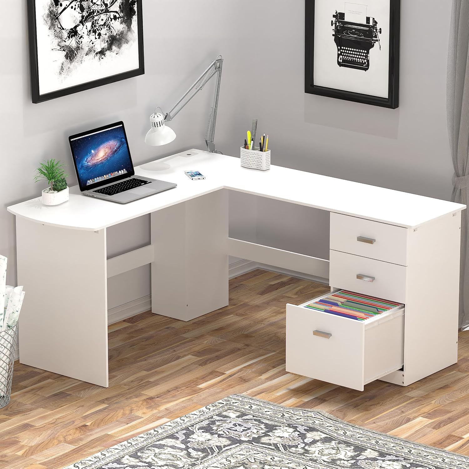 SHW 51 x 59 Inches L-Shaped Home Office Wood Corner Desk with Box Box File Drawers, White